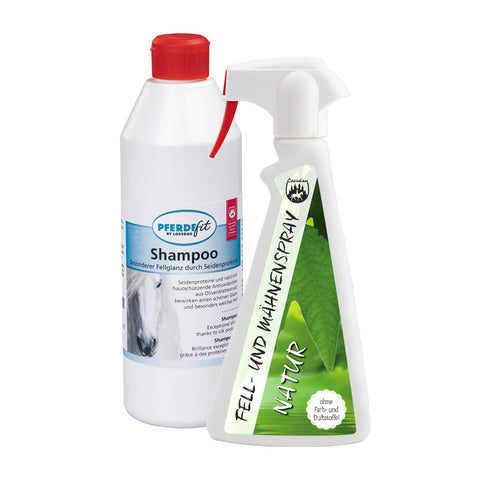PFERDEfit by Loesdau Set Mähnen und Fellpflege - Shampoo und Mähnenspray Naturell